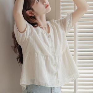 블라우스 청순 여름 아일렛 A라인 v넥 쉬폰셔츠 여성 자수