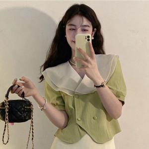 이중 빅카라 레이스 쉬폰 블라우스