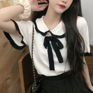 리본 반발티 레이스 카라티 반팔 여자 반팔티 여성
