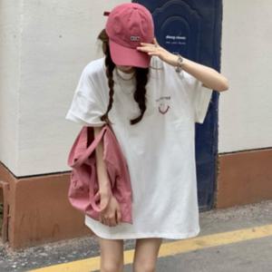 여성 캐주얼 오버핏 스마일 로고 박스 반팔 티셔츠