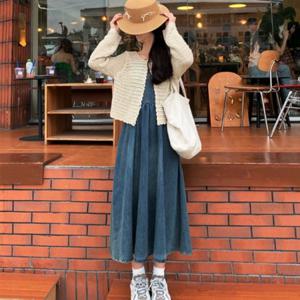 트렌디원피스 롱 데님 나시 민소매 데일리 데님패션 청 청치마 끈나시 데님드레스