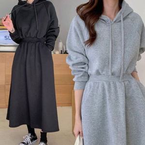 여자 겨울 허리밴딩 롱 후드원피스 면 A라인 가을