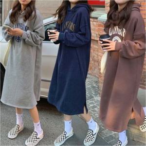 겨울 데일리 여자 기모안감 롱 후드원피스 꾸안꾸