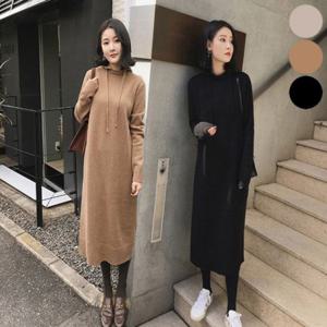 여자 겨울 롱 후드달린 따뜻 니트 후드원피스 원피스