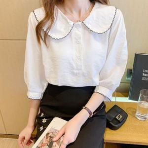 러블리 여성 외출 출퇴근 빅 카라 쉬폰 7부 블라우스 셔츠 여자와이 겨울 남성 남방