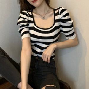 퍼프소매 크롭티 여자반팔티셔츠 여자반팔티 반팔티셔츠 쇄골 스퀘어넥