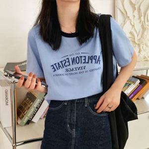 레터링 루즈핏반팔 데일리룩 배색 데일리 무드 하늘색티셔츠배색 캐주얼