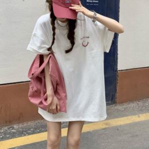 롱티셔츠 여자반팔티셔츠 여자박스티 오버핏 박스티 여자여름반팔티 스마일로고