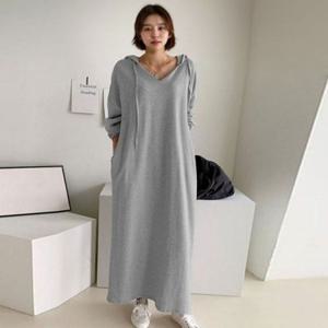 데일리원픗 롱원피스 후드원피스 롱 V넥 여성 후드 캐주얼원피스 편한