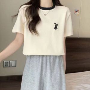 여성면티 망사티셔츠 토끼자수 라운드넥 여성반팔티 여성롱티셔츠