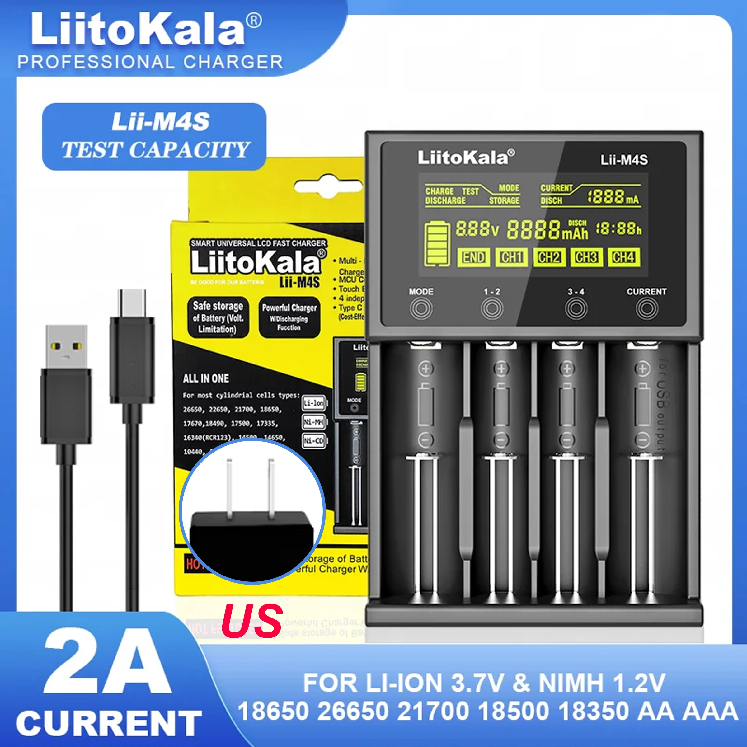 리토칼라 Lii-M4S 5V EU AU UK US 플러그 배터리 충전기 (3.7V 18650 26650 21700 14500 18350 17500 1.2V AA AAA A C 호환)