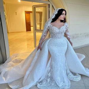 사용자 정의 우아한 인어 웨딩 드레스 분리형 기차 로맨틱 레이스 긴 소매 신부 드레스 Vestidos De Novia