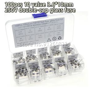 100개/박스 10가지 값 3.6*10mm 250V 이중 철 캡 축 방향 유리 퓨즈 키트 (도체 포함) 0.5A 1A 2A 3A 3.15A 4A 5A 6.3A 8A 10A