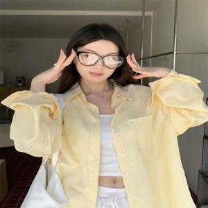 노란색 줄무늬 캐주얼 셔츠 여성용 스위트 디자인 루즈핏 한국 스타일 통근 패션 폴리에스테르 섬유 긴팔 폴로넥