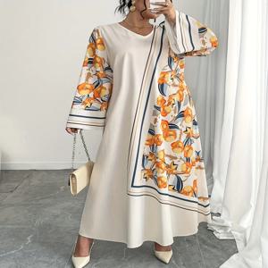 플러스 사이즈 패셔너블 여성 중동 로브 드레스 에스닉 프린트 루즈핏 편안한 휴가 스타일 긴팔 V넥 가운