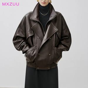 브라운 양가죽 버블 스킨 코트 여성 레트로 더블 레이어 칼라 더블 브레스티드 지퍼 루즈 가죽 재킷 겨울 아우터웨어