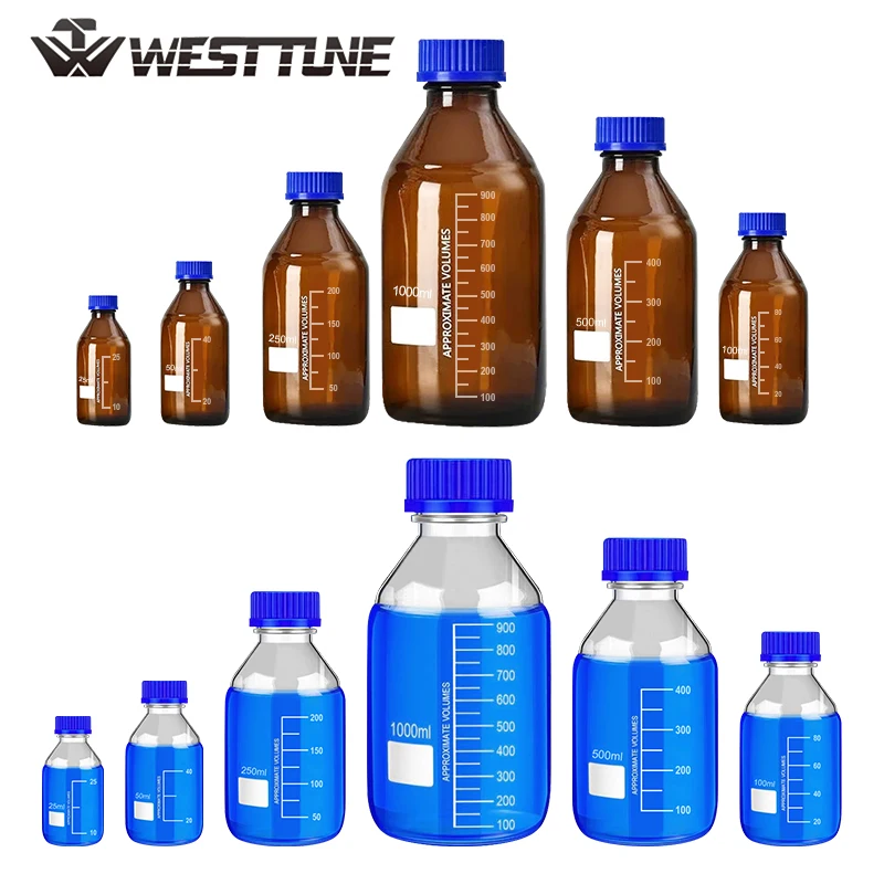 WESTTUNE 250ml/500ml/1000ml 졸업식 원형 유리 시약 병 실험실 투명 밀봉 병 (파란색 스크류 캡 포함) GL80