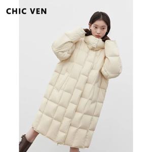 CHIC VEN 한국 여성용 다운 코트 신상 후드 미드 롱 퍼프 두꺼운 다운 재킷 90% 화이트 덕 다운 따뜻한 코트 가을 겨울 2026