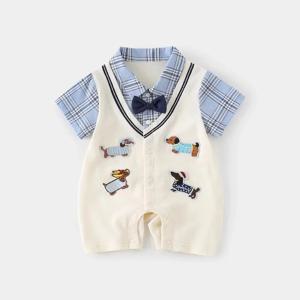 소년 여름 반팔 점프 슈트 옷 아기 가짜 투피스 대학 스타일 Onesie Babe 귀여운 강아지 라벨 Romper Fashion Outwear
