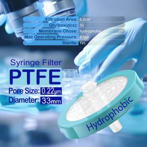 멸균 주사기 필터, PTFE 멤브레인 0.22μm 기공 크기, 직경 33mm, 25/100개 개별 포장, Ks-Tek 제조
