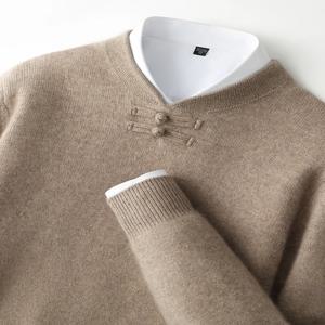 새로운 남성 100% 메리노 울 스웨터 긴 소매 스탠드 업 칼라 풀오버 캐시미어 소프트 디스크 버클 의류 따뜻한 레저 남성 탑