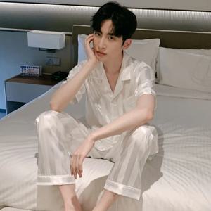 남성용 화이트 스트라이프 잠옷 수트, 반팔 긴 바지, 얇은 아이스 실크 잠옷, 새틴 실크 홈 의류 세트, 여름 잠옷