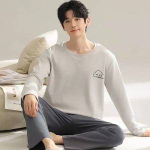 남성용 긴 소매 100% 면 잠옷 세트, 한국 루즈 하이 퀄리티 잠옷, 남성 홈웨어, 가정 의류, 2024 가을