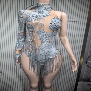 섹시 스키니 레오타드 가수 댄서 쇼 StageWear 반짝 이는 블루 라인 석 여성 DanceCostume 프린지 원 숄더 바디 슈트 7G