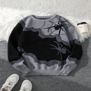 양면 스파이더 자카드 니트 남성용 스웨터, 패치워크 디자인, 크루넥, 긴소매, 레귤러 핏, 커플에게 적합, 가을과 겨울에 완벽