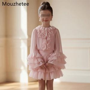 Mouzhetee A 라인 핑크 쉬폰 꽃 소녀 드레스 웨딩 파티 드레스 어린이를위한 꽃 소녀 댄스 파티 드레스 맞춤 제작