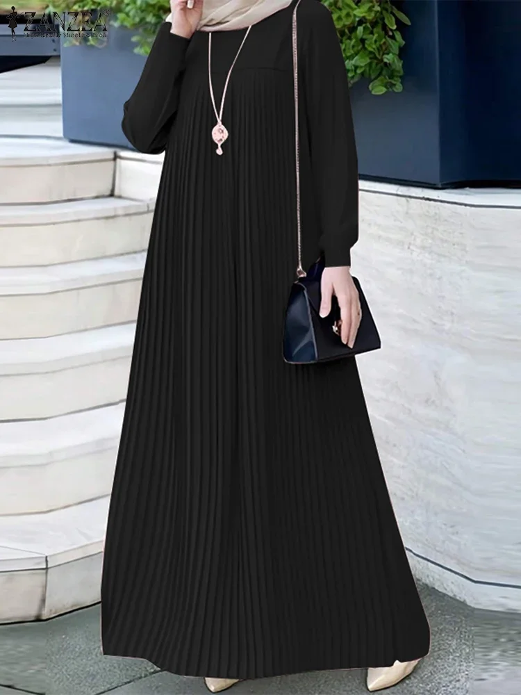 2025 ZANZEA 이슬람 Abaya Hijab 드레스 여성 우아한 긴 소매 Pleated Sundress 두바이 맥시 가운 패션 캐주얼 IsIamic 의류
