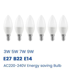 6개 LED 캔들 전구 220V E27 E14 B22 3W-7W, 고휘도 에너지 절약 전구 (샹들리에, 벽걸이 테이블 램프, 가정용 조명)