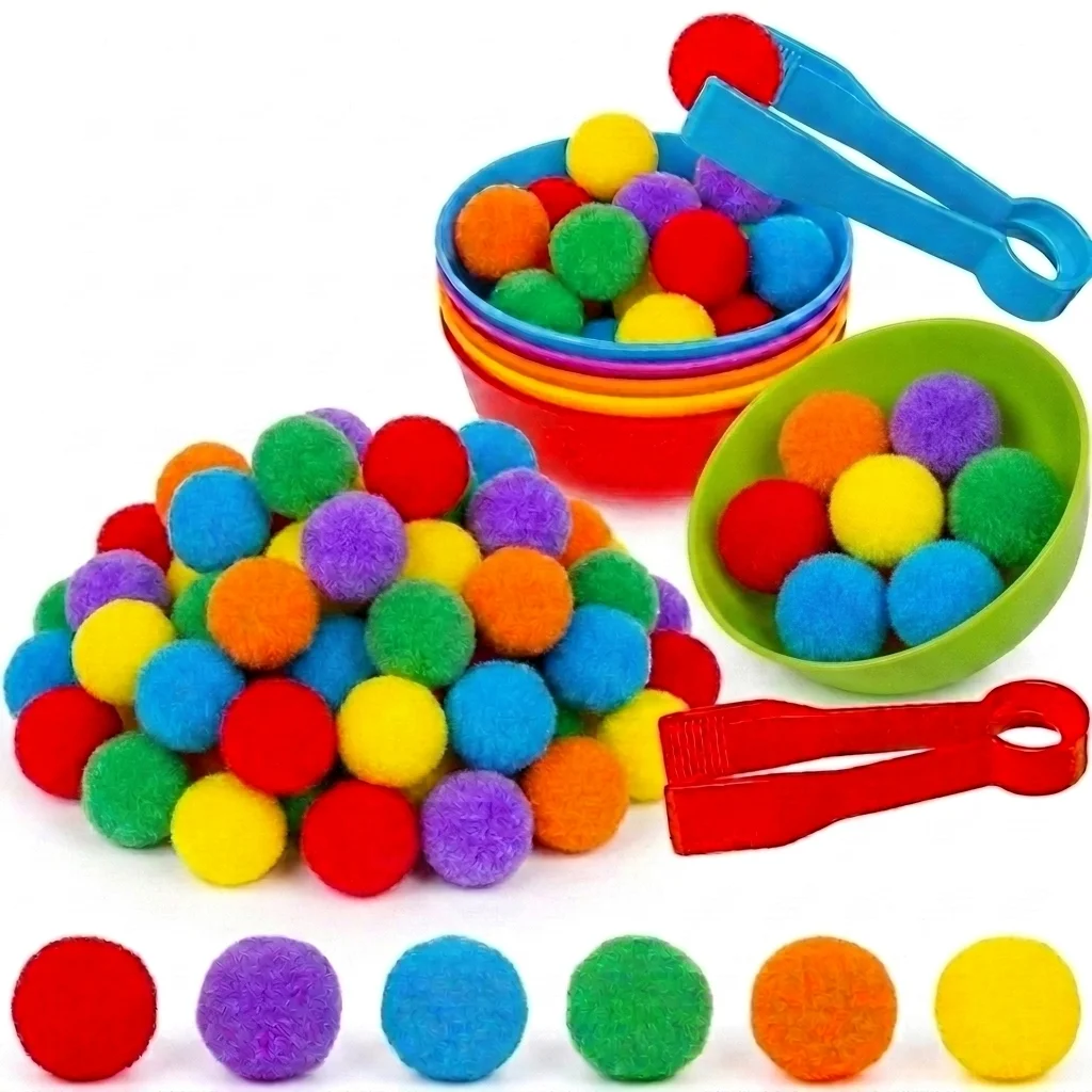 30-68PCS 어린이 정렬 계산 장난감 핀셋이있는 무지개 색상 분류 그릇 미세 운동 훈련 교육 게임 선물