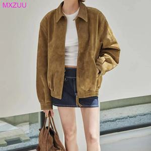 브라운 스웨이드 자켓 봄 여성 양피 빈티지 올드 머니 스타일 와이드 숄더 캐주얼 야구 가죽 코트 Giacca Pelle Donna