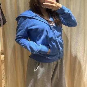 달콤한 전기 블루 지퍼 후드티 여성용 가을 포켓 드로스트링 후드티 빈티지 루즈 프레피 스타일 Y2K 스웨트셔츠 코트