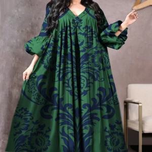 빈티지 프린트 드레스 여성 통기성 느슨한 중동 가운 캐주얼 긴 소매 Abaya v 넥 느슨한 이슬람 Abayas 여성을위한