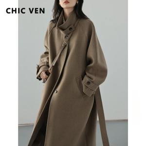 CHIC VEN 여성용 롱 트렌치 코트, 스탠딩 벨트, 레이스업 모직 코트, 라글란 소매, 롱 오버코트, 오피스 레이디, 가을, 겨울 2024