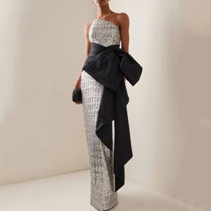 Flechazo 맞춤형 스팽글 이브닝 드레스 여성 Strapless 민소매 Pleat Floor Length 스트레이트 백 슬릿 파티 가운