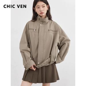 CHIC VEN 패션 여성 재킷 스트리트웨어 캐주얼 솔리드 레트로 스탠드업 칼라 숏 코트 여자 상의 가을 겨울 2025