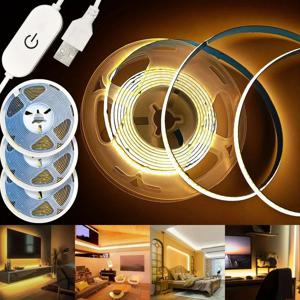 USB 5V LED 스트립 라이트 COB 터치 디머 컨트롤 램프 고밀도 RA90 플렉시블 테이프 라이트 320Leds/m 가정용 캐비닛 장식