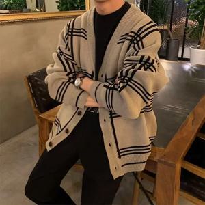남성 의류 가디건 재킷 브이넥 코트 니트 스웨터 남성용 체크무늬 우아한 캐주얼 긴팔 100% 한국산 2025 가을 클래식 A