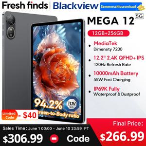 블랙뷰 메가 12 태블릿 5G 디멘시티 7200 CPU 12.2인치 2.4K 120Hz 디스플레이 IP69K 방수 50MP 10000mAh 패드 PC