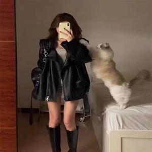 미국 레트로 블랙 PU 가죽 재킷 여성용 오버사이즈 오토바이 스타일 탑 코트 가을 신상 디자인 감각적인 출퇴근 바람막이
