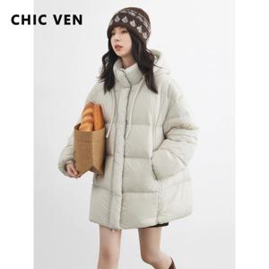 CHIC VEN 신상 여성 다운 재킷 솔리드 루즈 캐주얼 후드 여성용 다운 재킷 90% 화이트 덕 다운 코트 가을 겨울 2025