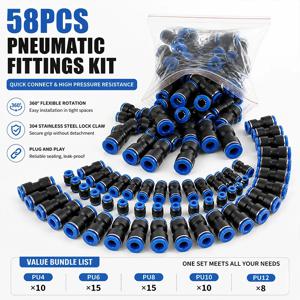 58PCS 공압식 퀵 커플링 키트, 4/6/8/10/12mm 푸시인 피팅, 직선형 에어 튜브 커넥터, 퀵 릴리스 에어 호스 커플러