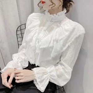 긴 소매 느슨한 봄 패션 버튼 화이트 셔츠 우아한 스탠드 칼라 플리츠 탑 캐주얼 프릴 레이스 블라우스 Blusas 15832