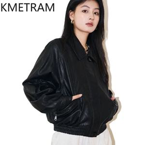 여성용 진짜 양가죽 재킷, 빈티지 블랙 재킷, 2024 하이 퀄리티 겉옷, 가을 여성 의류