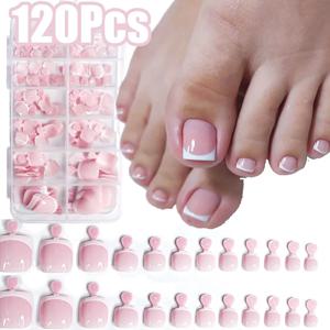 120Pcs 광택 누드 핑크 프렌치 프레스 온 발톱 세트 1 * 상자 짧은 프렌치 스퀘어 가짜 발가락 손톱 솔리드 컬러 매니큐어 발톱 팁