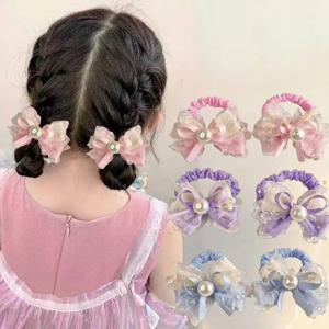 1pc 메쉬 거즈 보우 진주 아기 소녀 헤어 로프 Bowknot Headwear 탄성 고무 밴드 공주 헤드플라워 키즈 헤어 액세서리