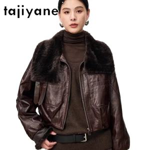 TAJIYANE 리얼 양가죽 패딩 재킷 여성용 짧은 구스 다운 코트 울 칼라 진짜 가죽 재킷 2026 겨울옷